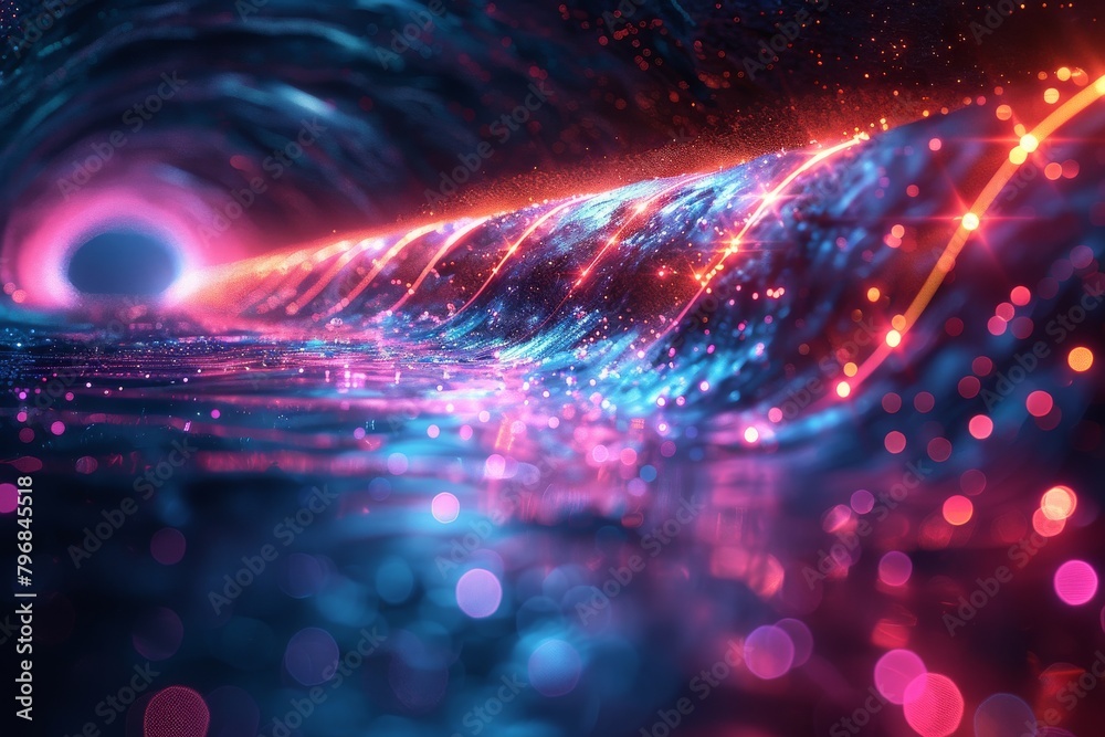 Poster this dynamic image features a tunnel effect of colorful light particles swirling in an abstract patt