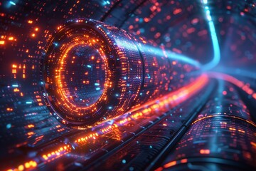 This visually stunning image captures the essence of a digital tunnel with bright blue light streaks racing through a circuit-like tube