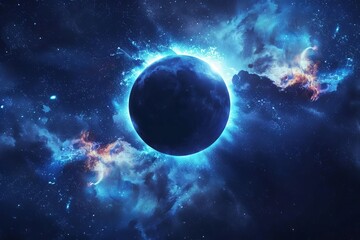 cosmic wonder dramatic solar eclipse with brilliant blue corona fiery solar flares against starry sky celestial phenomenon digital painting
