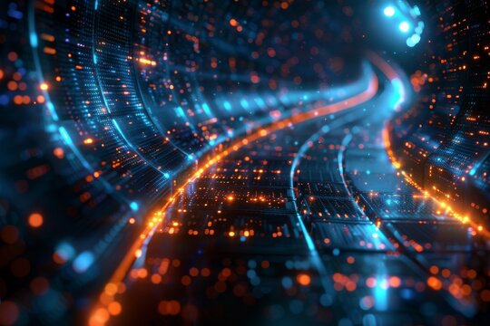 An image showing beautiful light trails forming curvy paths in a dark, digital data tunnel, signifying connectivity and flow
