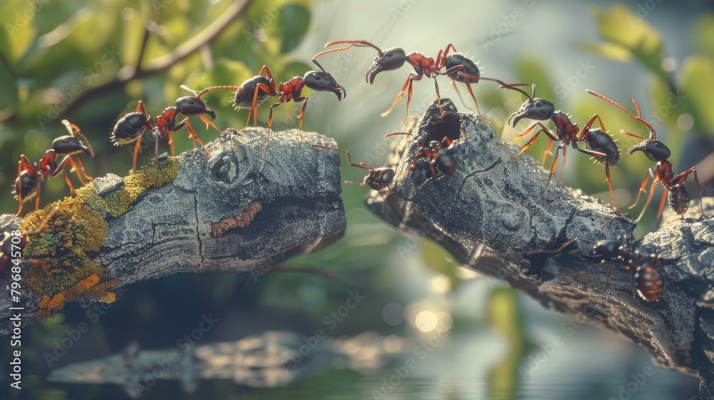 Aufkleber A close-up of ants working together to construct a makeshift bridge over an obstacle in their path, demonstrating ingenuity in problem-solving.
