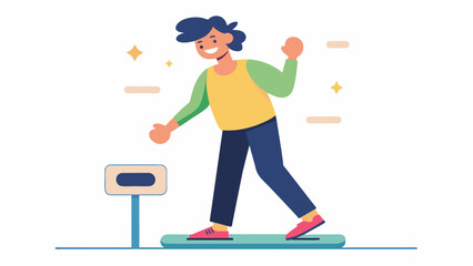 Fototapeta premium A person stepping on a scale with a smile on their face after a month of consistent kickboxing workouts seeing the number on the scale go down