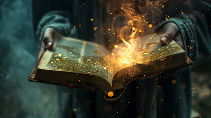 Book, fantasy and hands of person with magic story, imagination and knowledge for inspiration in novel. Reading, light glow and storytelling with adventure, literature and creative dream culture