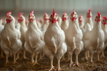Fototapeta premium An engaging image showing a single white hen standing out against a backdrop of its flock within a barn setting