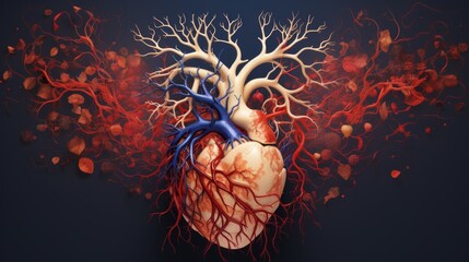 A vibrant diagram showcasing the human cardiovascular system, with arteries and veins vividly colored to demonstrate blood flow and heart function, - obrazy, fototapety, plakaty