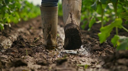 Farmer treading through muddy field
