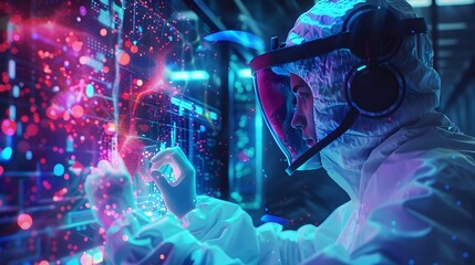 Quantum Computing Researcher in Futuristic Research Laboratory Surrounded by Intricate Circuitry and Glowing Energy Fields