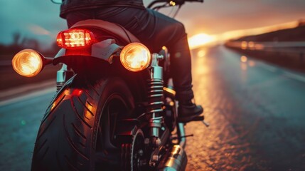 Motorcycle driver riding alone on the road. Outdoor photography. Travel and sport, speed and...