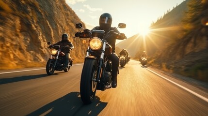 Group of cruiser-chopper motorcycle riders on the road. Outdoor photography. Travel and sport,...