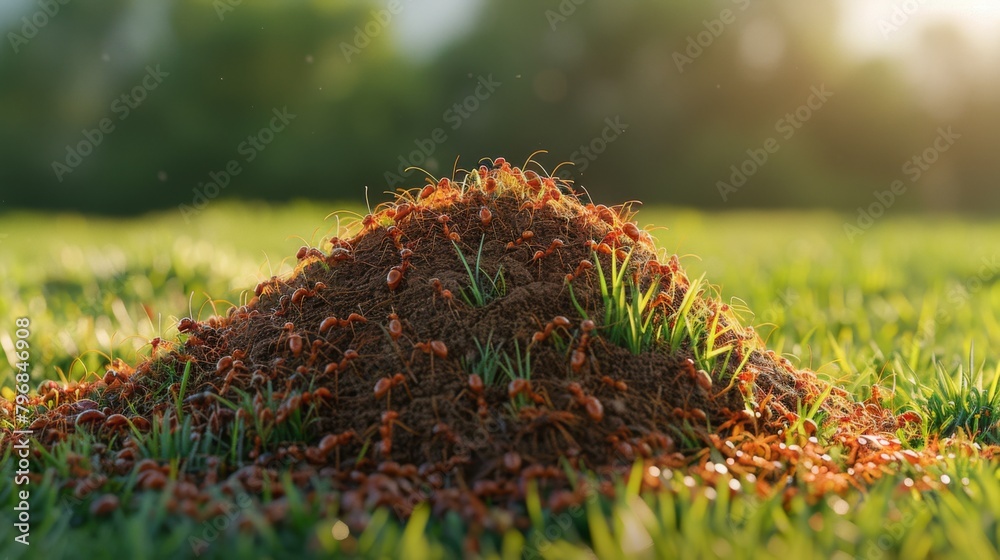 Poster A colony of fire ants constructing an intricate mound in a grassy field, showcasing the engineering prowess of these industrious insects.