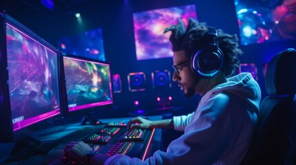 pro gamer man in headphones live streaming while playing online computer game, neon lights, esports,  gaming, monitor, play, young, player, internet, enjoyment, cyber,.
