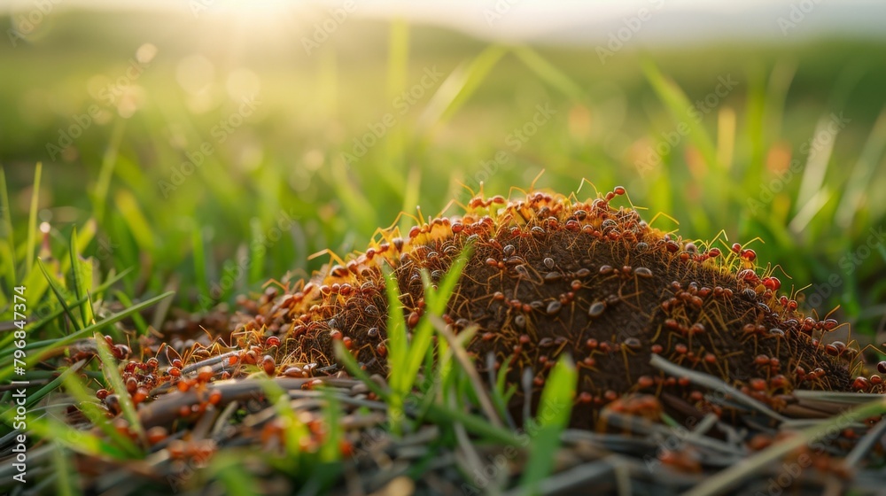 Aufkleber a colony of fire ants constructing an intricate mound in a grassy field, showcasing the engineering 