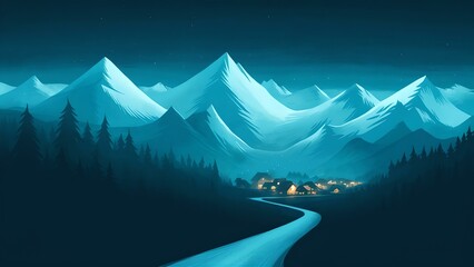 A stunning illustration of a mountainous landscape, bathed in a soft blue gradient. The silhouettes of tall, snow-capped mountains are prominently featured, casting a serene and mysterious atmosphere
