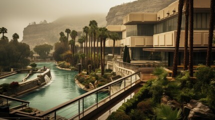 a portrait museum mountainside palm trees sun showers springs hotel raining pouring, AI Generative