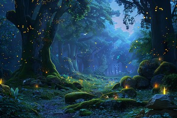 enchanted twilight ethereal forest glade bathed in soft dusk light fireflies dancing among ancient trees mosscovered stones digital painting