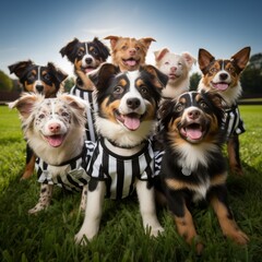Playful stock image of a group of puppies in matching striped prison uniforms, romping in a grassy field, suitable for pet party or event advertisements,