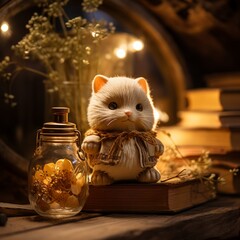 Softfocus image of a cute, whimsical item placed on a vintage wooden shelf, bathed in the golden light of a cozy, rustic setting