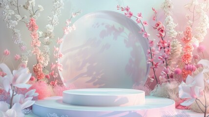 Dreamy display of pastel flowers surrounding a spherical reflective object.