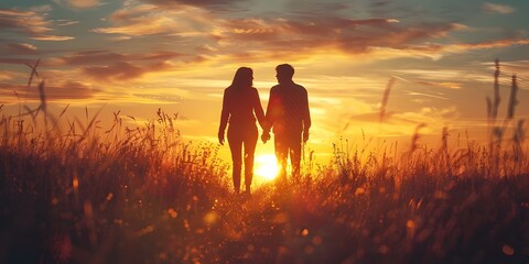 Silhouetted Couple Enjoying Breathtaking Sunset in Serene Field Symbolizing Overcoming Challenges and Building a Stronger Bond