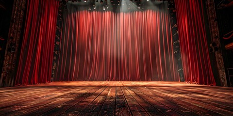 Integrated theater production management platform from casting to curtain call with grand stage and dramatic red curtain backdrop