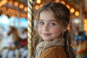 Girl with blue eyes and brown hair at a carousel, with colorful bokeh lights in the background