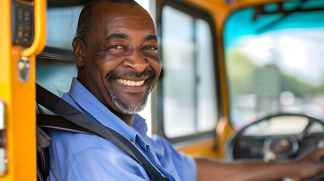 
In the school bus, the African-American bus driver is smiling at the camera while holding onto the steering wheel.