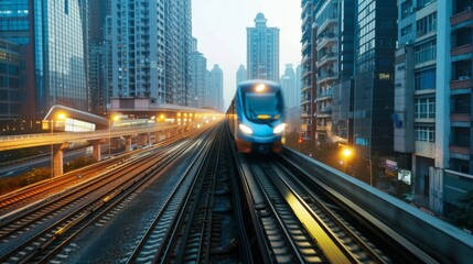 Fototapeta premium A commuter train passing by tall office towers in a busy metropolitan area, illustrating urban mobility