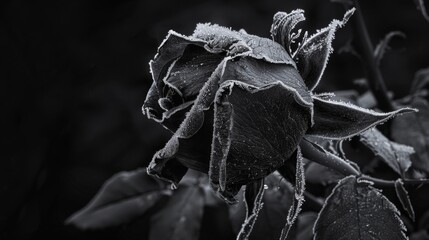 A high-contrast black and white photograph of a frozen rose, its velvety petals encased in a layer of frost, creating a dramatic and evocative image.