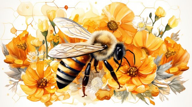a portrait summer illustration of bee and honey combs and flowers in watercolor styles, AI Generative