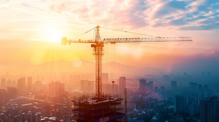 A construction crane towering over a city skyline, symbolizing ongoing development and the constant evolution of urban landscapes.