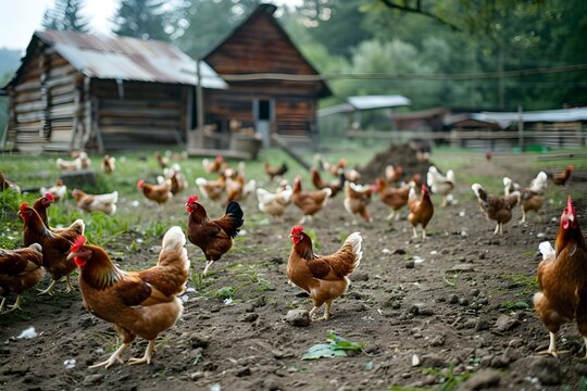 Busy poultry farm with many chickens roaming around the poultry house. Concept Poultry farm management, Chicken health care, Sustainable farming practices, Livestock behavior