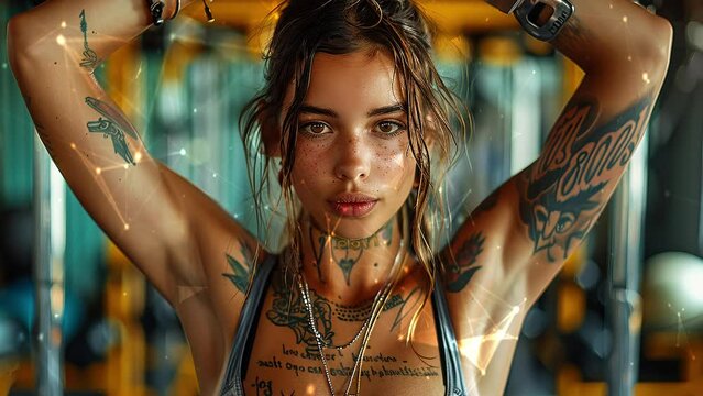 Close up image of attractive fit woman in gym. Fitness woman in gym. Background with flying patterns. Generate AI.