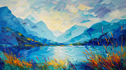  abstract oil painting featuring a contemporary landscape scene. Use bold brushstrokes and vibrant colors to depict rolling hills, serene lakes, and majestic mountains