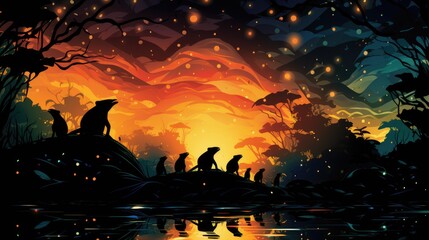 a illustration shows a fire with the silhouettes of several salamanders dancing within it, AI Generative