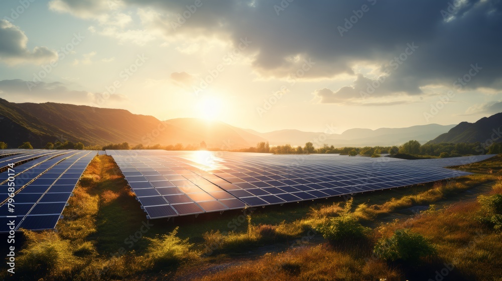 Poster a hopeful image of a solar panel farm stretching across a landscape, representing the transition tow