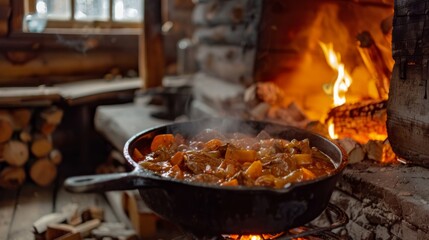A cozy winter scene with a cast iron pot of hearty beef stew simmering on a wood-burning stove, warming the rustic cabin.