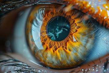 Artistic macro image showcasing a surreal eye with orange tones and futuristic digital elements incorporated within the iris
