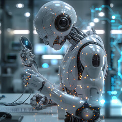 Fototapeta premium High-Tech Hospital: Advanced Robot Doctor Examines Genetics in Tech-Infused Lab Environment - Business, Technology, Global Connectivity