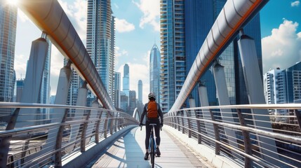 A cyclist crossing a modern pedestrian bridge, with skyscrapers towering in the background