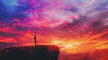 A lone figure standing on a clifftop, silhouetted against a vibrant sunset, with the sky ablaze with hues of orange, pink, and purple. - Powered by Adobe