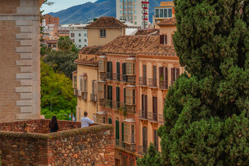 Malaga, Spain, view of the eastern and modern architectures in front of the Alcazaba fortification