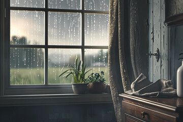 From the comfort of a snug bedroom, the view through the window offers a serene yet dramatic scene of a rainstorm outside, with water droplets gently tracing their paths down the glass panel