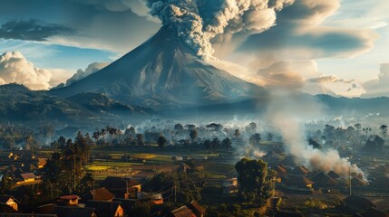 A humbling photo of a volcano towering over a small village, emphasizing the scale and majesty of these natural wonders.