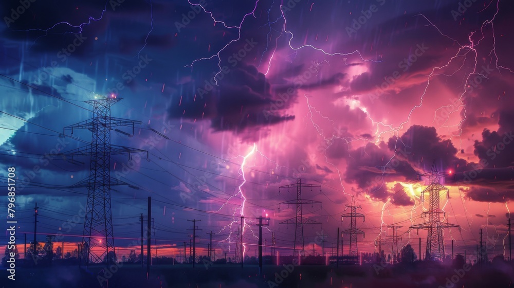Poster a dramatic lightning storm illuminating the sky behind high-voltage power lines, emphasizing the raw