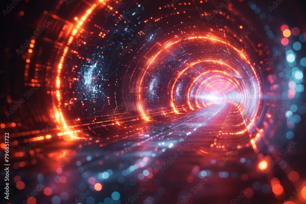 Poster a visually striking red neon light tunnel filled with sparkling digital particles, creating a sense 