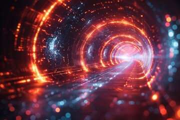Fototapeta premium A visually striking red neon light tunnel filled with sparkling digital particles, creating a sense of motion and speed
