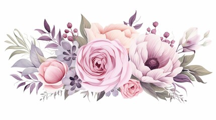 Lovely Purple Flowers Watercolor Bouquets on White Background