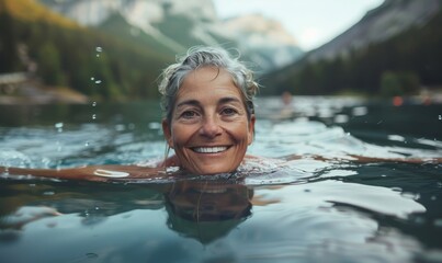 Selfie image of mature happy woman swim in the lake in middle of beautiful natural landscape, Generative AI - Powered by Adobe