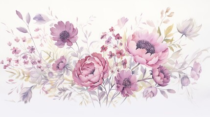 Dreamy Pastel Purple Blooms Watercolor Painting on White Background. - obrazy, fototapety, plakaty