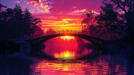 A dramatic sunset scene with a silhouetted bridge stretching across a tranquil river, reflecting vibrant colors